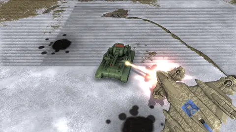 In-game screenshot: the Tsar Peresvet super-heavy fortress trading fire with the Archangel gunship in the snow