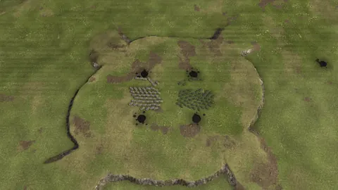 In-game screenshot: Iron Valley seen from above, two tank armies lined up in the central crater